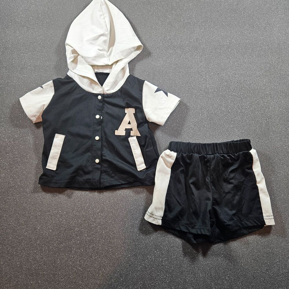 Toddler Varsity Hoodie Short Set 6-9M Black White Athletic Outfit